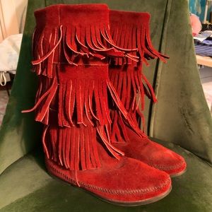 Vintage red leather fringe boots
